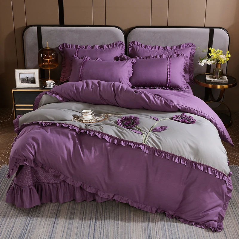 新款韩版公主风木耳花边亲肤双拼色加棉床盖款手工盘花四件套