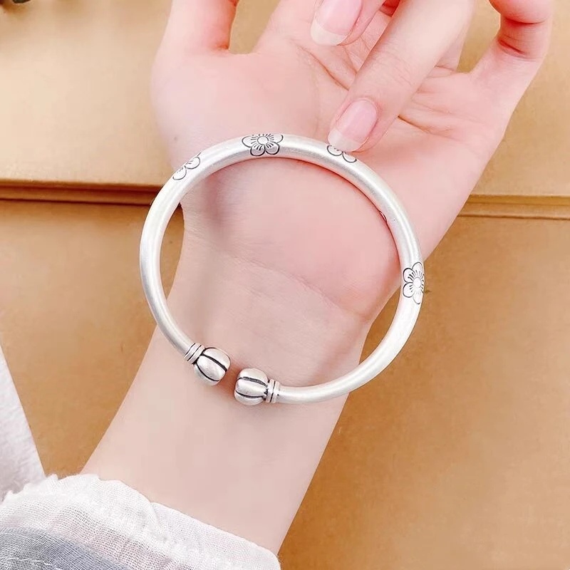 足银手镯 多福南瓜头银手镯女9999纯银古法梅花开口足银贵妃镯子