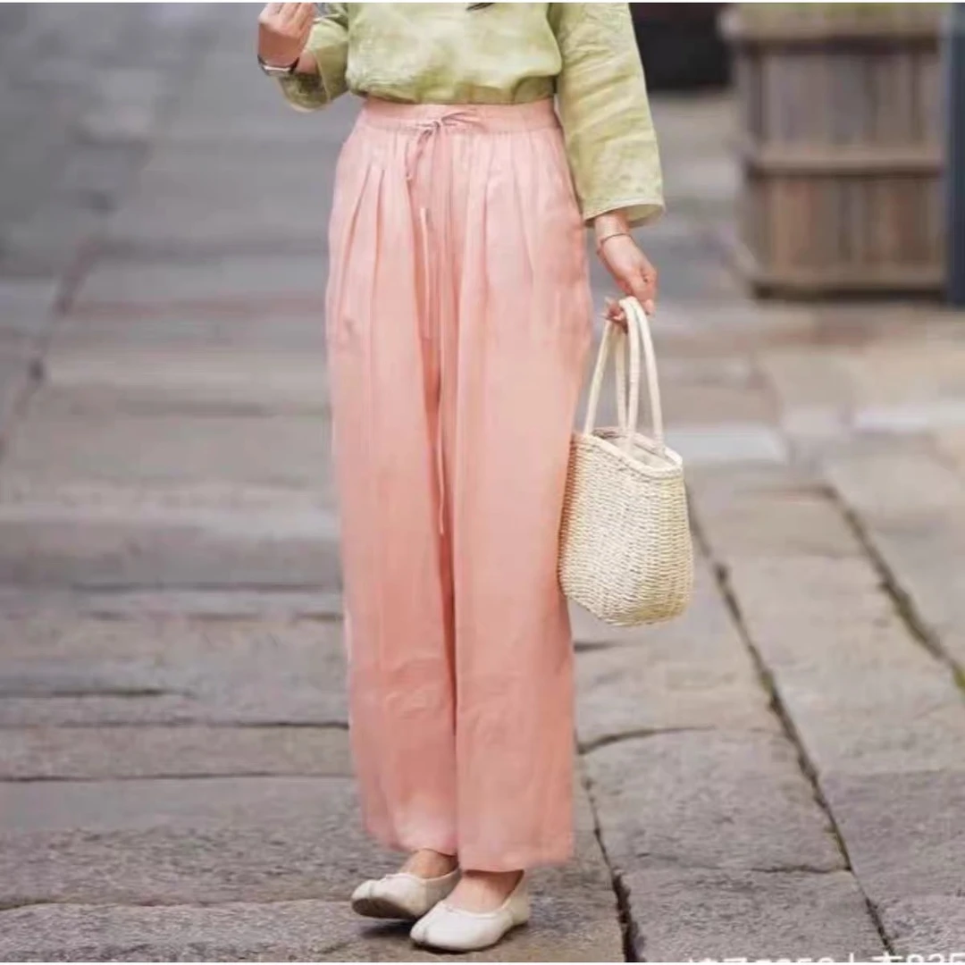 复古双层斜纹苎麻松紧腰系带休闲裤女夏文艺大码显瘦口袋哈伦裤
