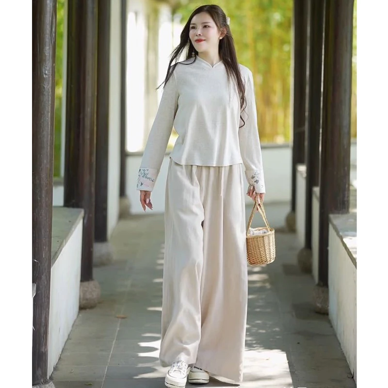 复古针织棉刺绣立领套头长袖T恤女文艺百搭显瘦打底衫