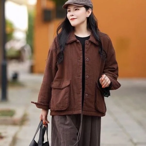 复古砂洗亚麻立体口袋毛边夹棉加厚棉衣X231207MY1