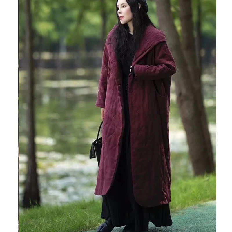 冬款复古砂洗纯亚麻连帽长款棉服外套