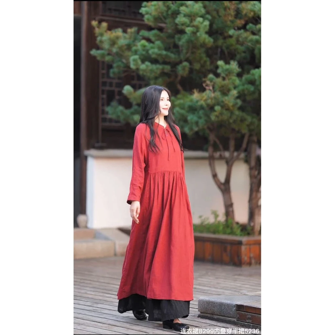 春季新款砂洗纯亚麻 圆领小V领系带宽松显瘦中长款气质连衣裙长袖