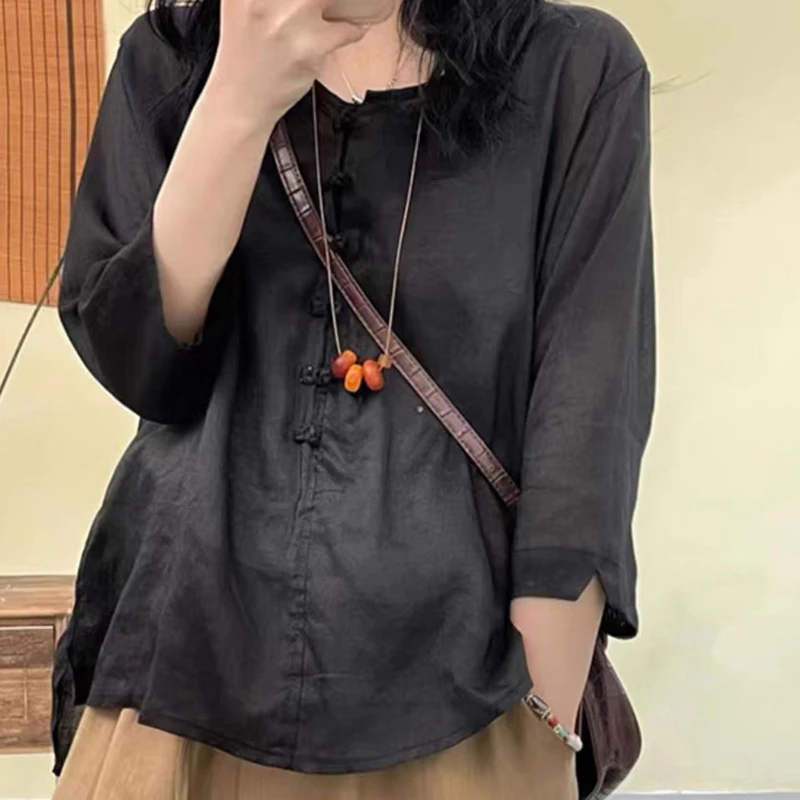 复古苎麻内里包边圆领衬衫女夏新款文艺大码新中式国风衬衣