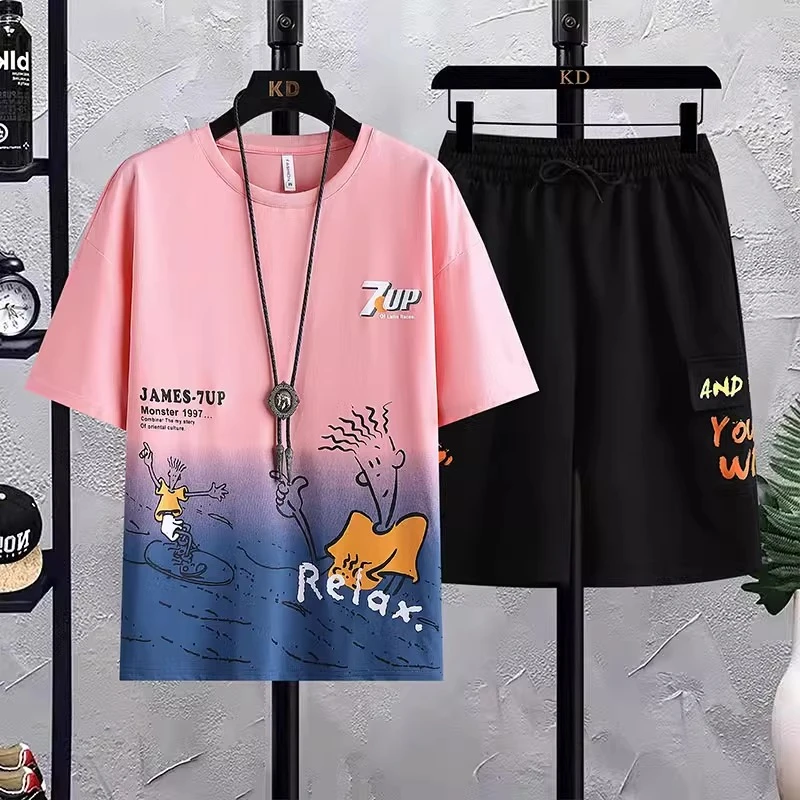 青少年速干运动套装男夏天卡通潮流冰丝短袖短裤高中生夏装两件套