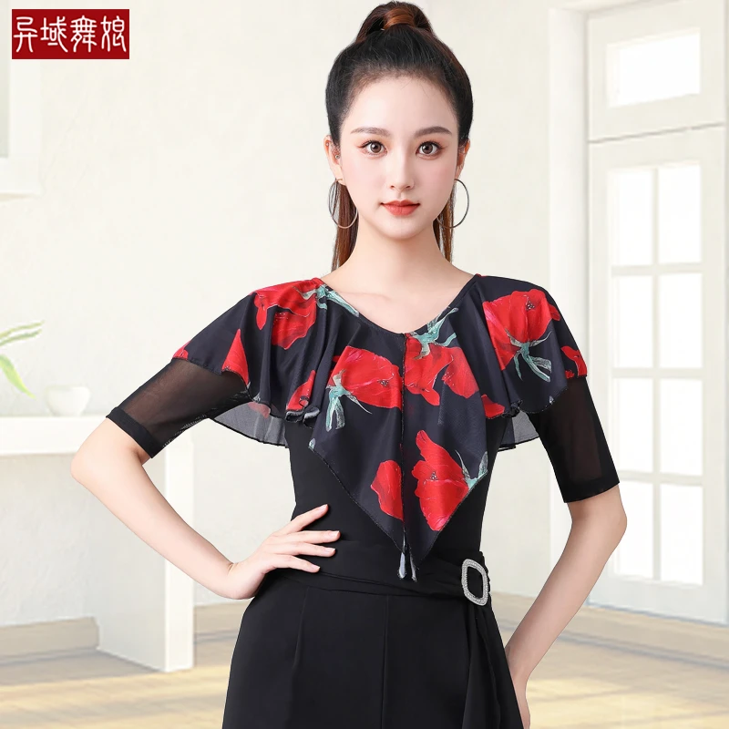 摩登舞上衣女2024夏季新款中袖印花V领成人跳拉丁舞广场舞蹈服装