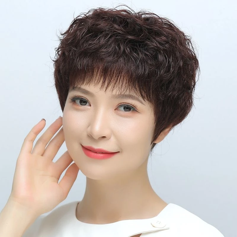 中老年自然短卷发妈妈假发全真发假发套全头套轻薄大卷可调节蓬松