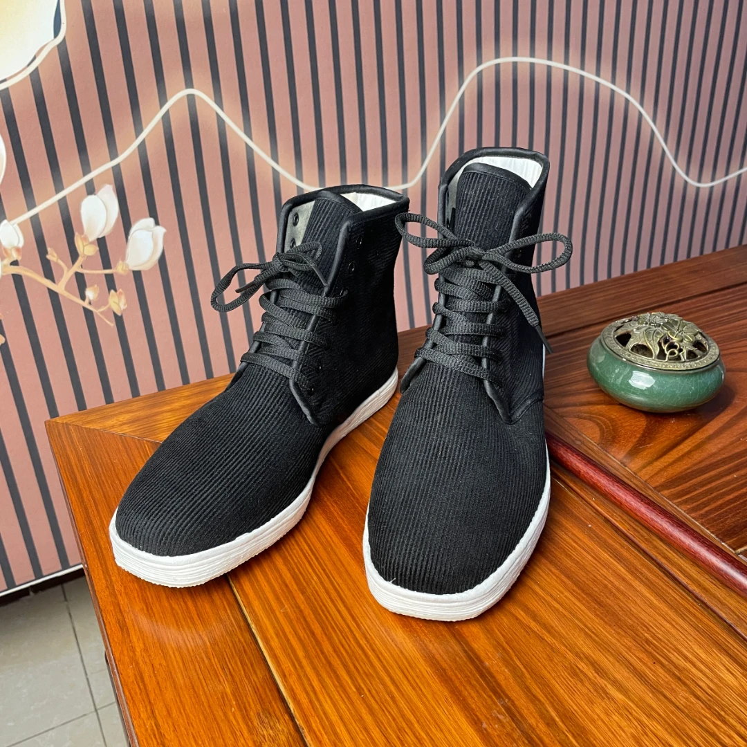 高帮条绒七孔棉鞋男士系带条绒千层底布鞋休闲百搭舒适时尚黑色