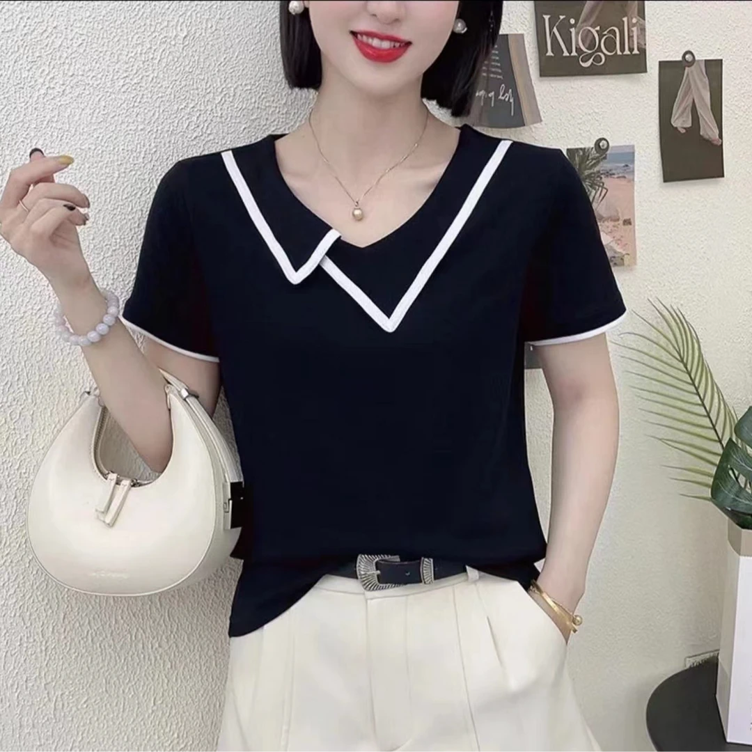 夏季新品2024百搭时尚法式设计感不规则领洋气显瘦短袖T恤气质T89
