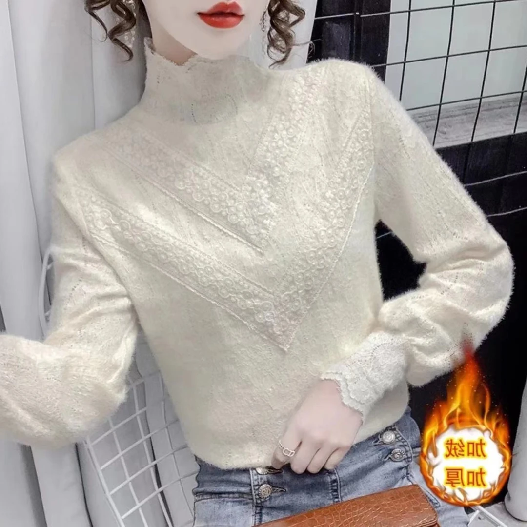 【流行坊】2023冬季百搭加绒半高领洋气时尚长袖加厚修身打底衫2311