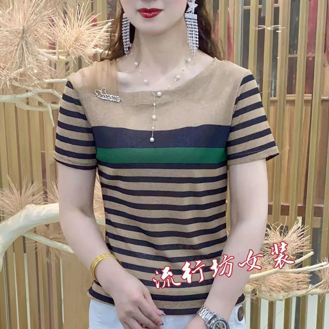 2024年夏季新款百搭潮流修身气质条纹斜领露肩洋气显瘦小衫#6226