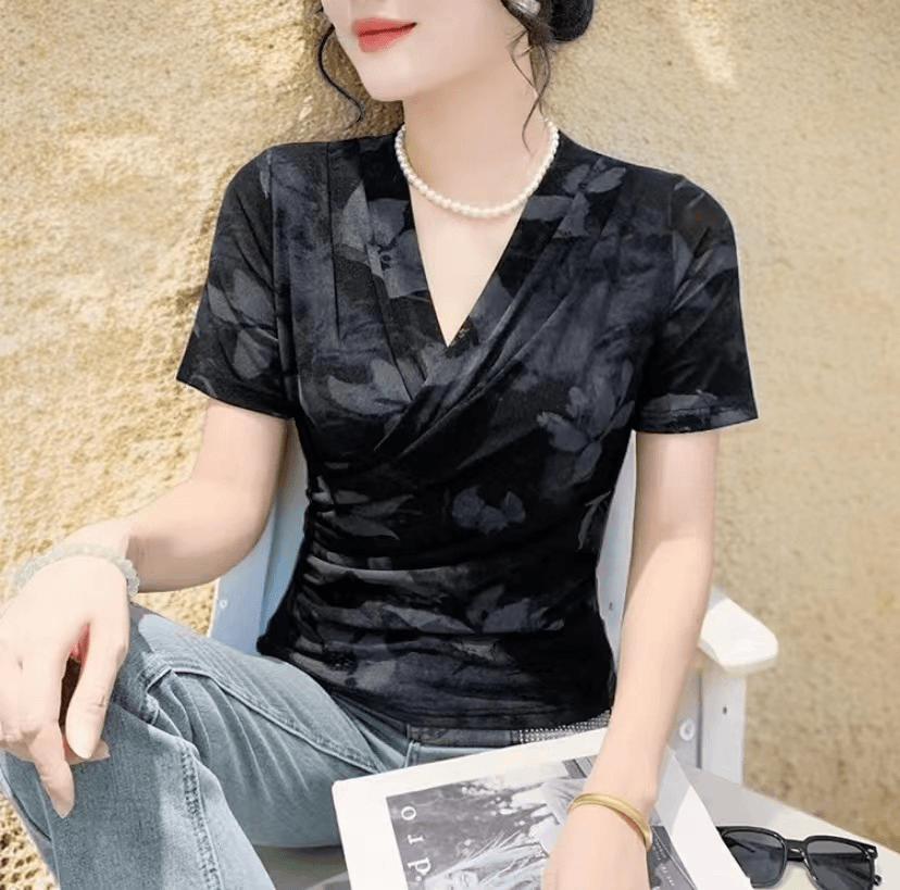 夏季新品优雅短袖V领气质交叉领网纱时尚百搭显瘦打底衫T恤小衫A6