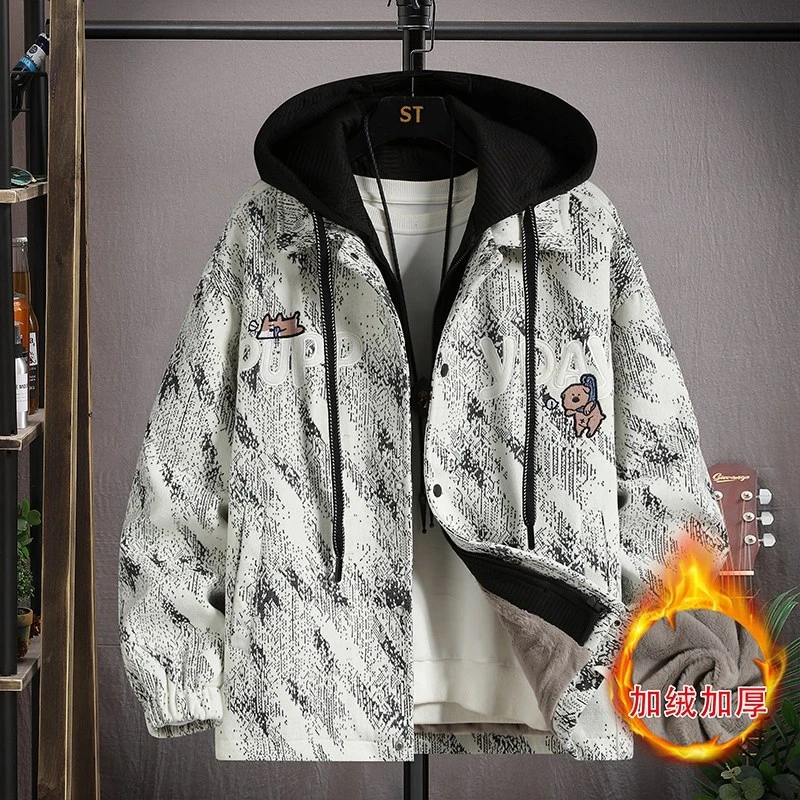 2024冬季新款男士毛呢外套加绒加厚假两件保暖连帽夹克派克服上衣