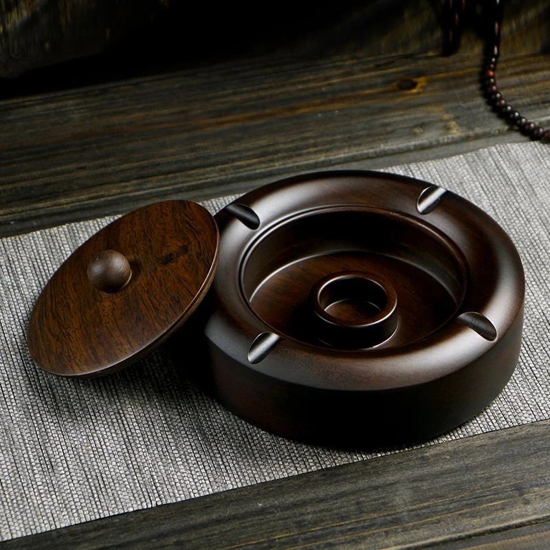 包邮黑檀实木烟灰缸创意带盖大号中式个性防摔家用客厅办公室装饰