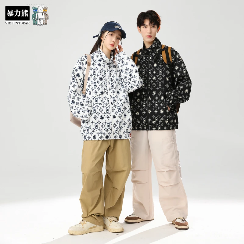 暴力熊夹克美式满印印花潮流男春秋冬季宽松时尚百搭长袖外套上衣
