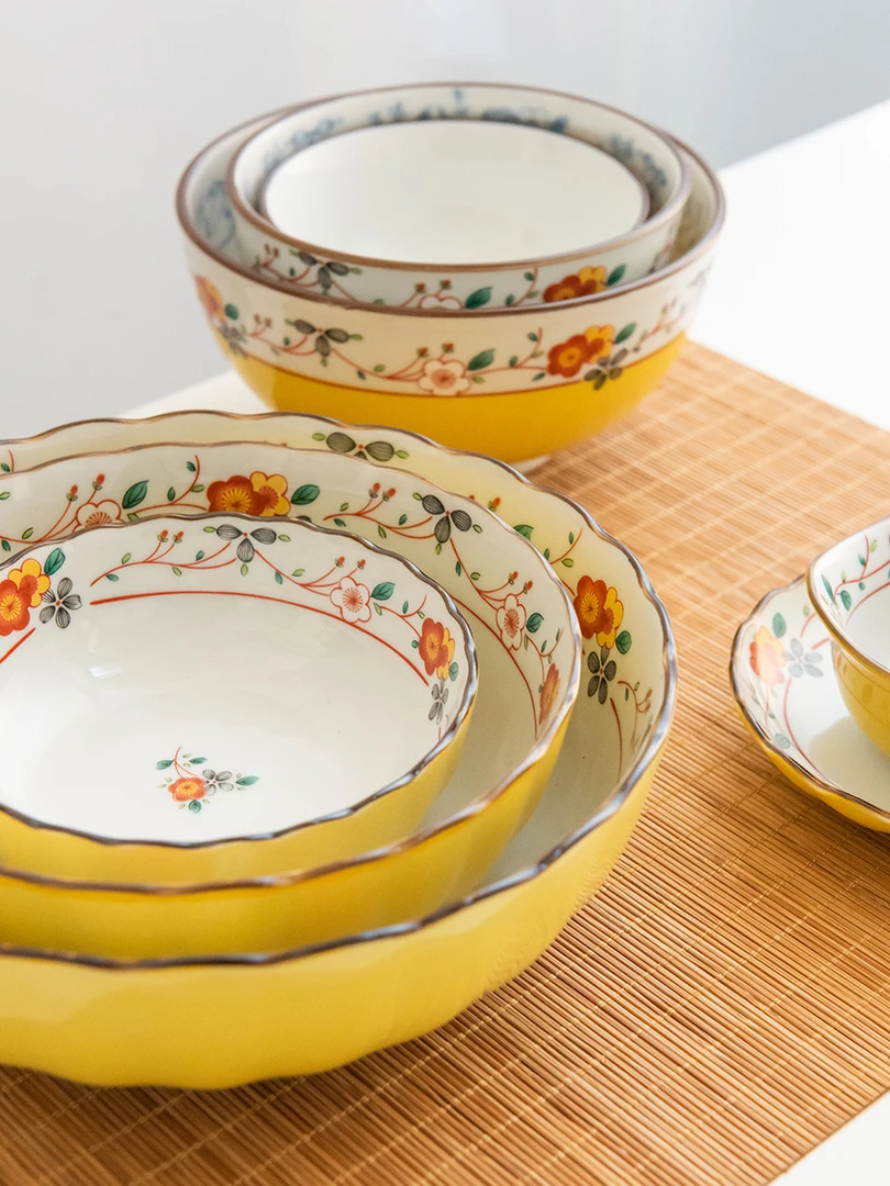 【微瑕】日本进口美浓烧黄彩梅花陶瓷餐具饭碗汤碗面碗深盘汤盘菜盘