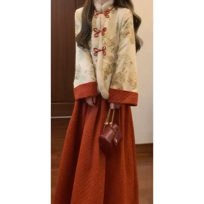 新中式国风盘扣加绒棉服外套&蓬蓬捏褶半身长裙富家千金套装冬季