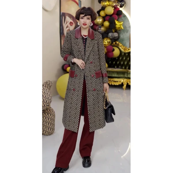 《卡妮亚》72962 轻奢时尚气质显瘦格子韩版过膝中长款毛呢外套
