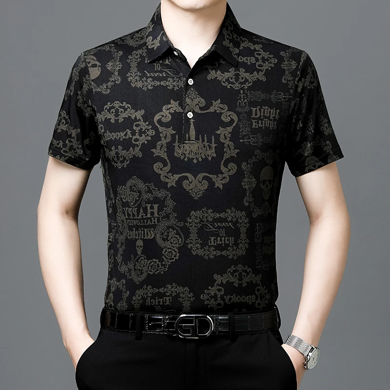 高档男士短袖polo衫冰丝印花夏季新款时尚休闲翻领半袖T恤衫男装