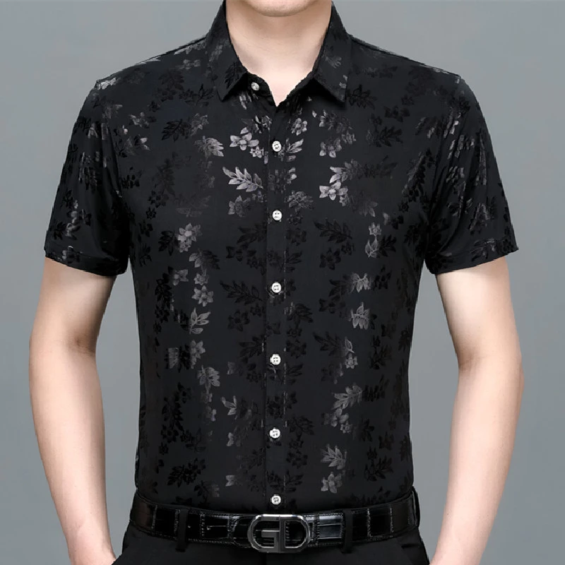 短袖衬衫男中年男士夏季新款冰丝印花男抗皱免烫休闲半袖衬衣爸爸