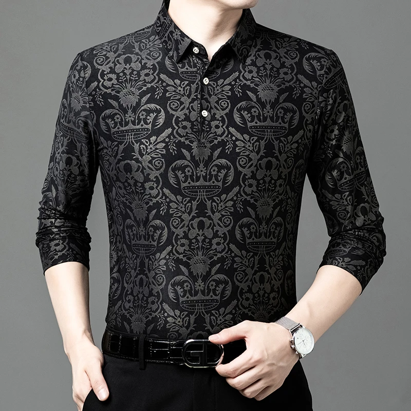 长袖Polo衫男士春秋季高档时尚休闲薄款中年印花翻领高弹T恤衫男