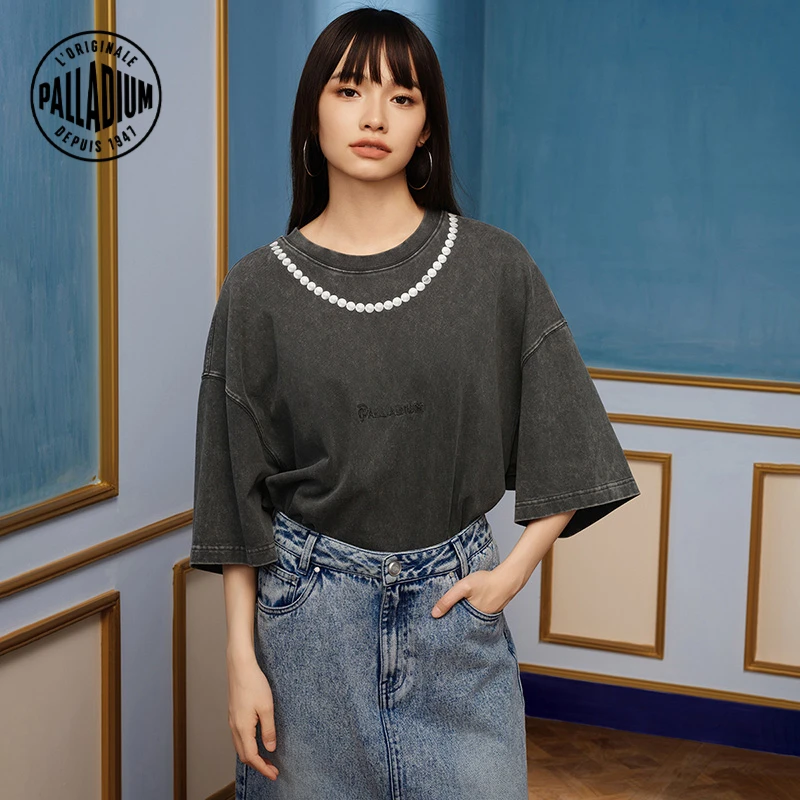 帕拉丁男女同款宽松潮流珍珠鸢尾花短袖T恤1010340