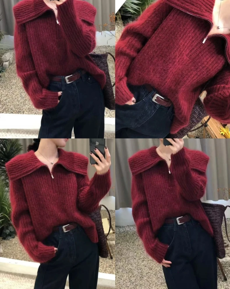 翻领拉链毛衣外套女秋冬中长款宽松外搭慵懒长袖针织套头女上衣厚