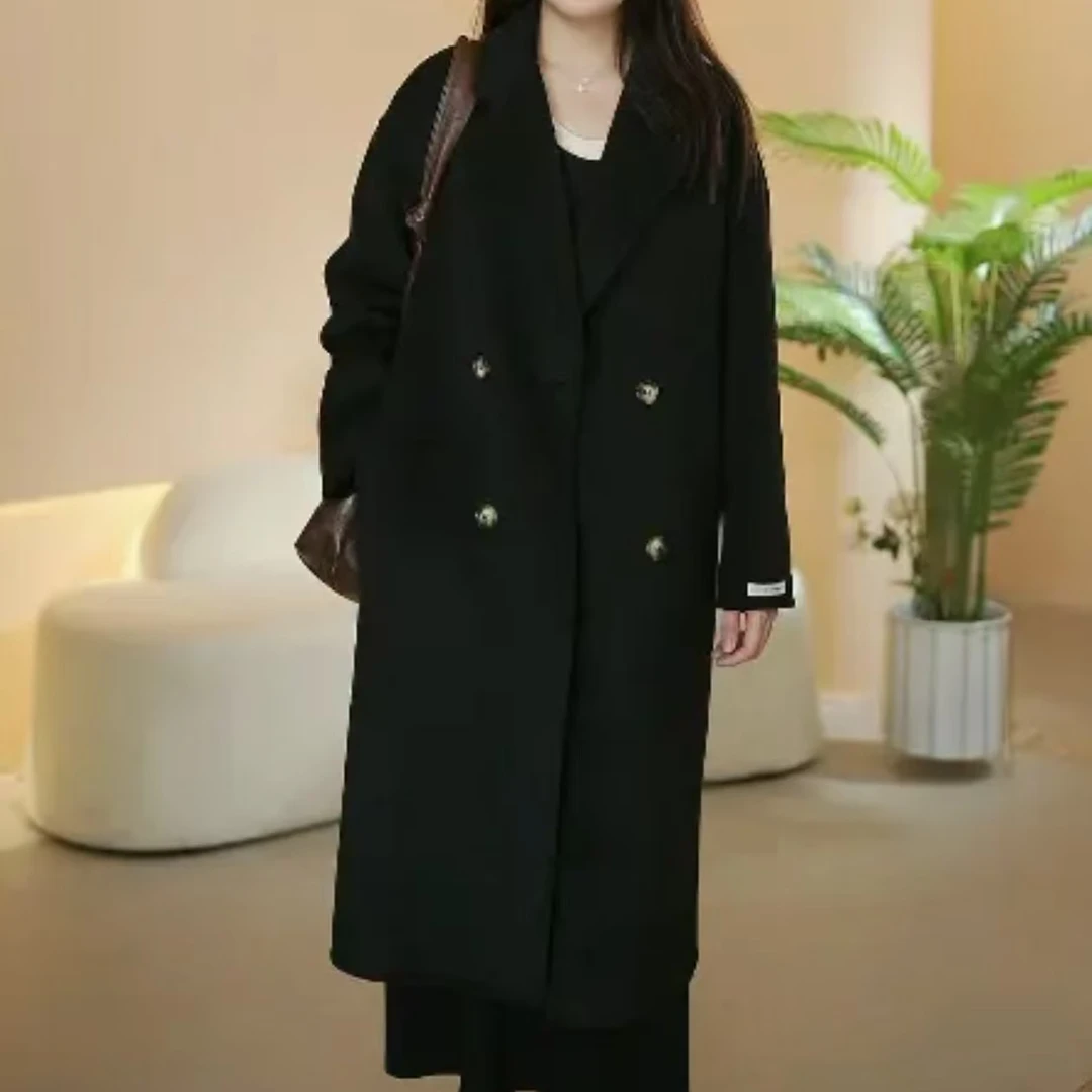 经典纯色百搭休闲四粒扣大衣宽松茧型气质羊毛呢外套