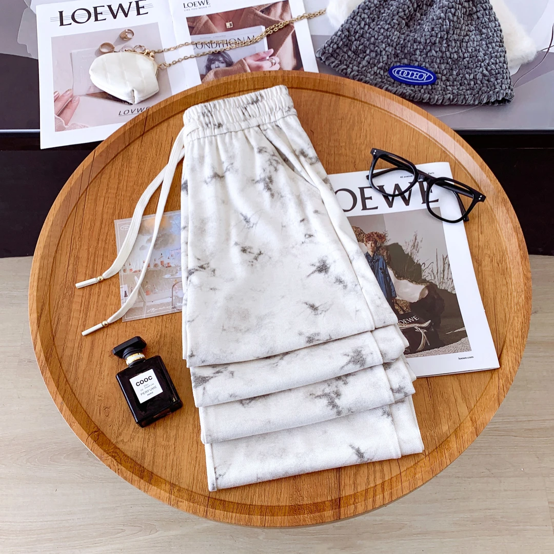 2024秋季休闲阔腿裤扎染雪花仿羊绒窄版阔腿裤宽松透气印花白色