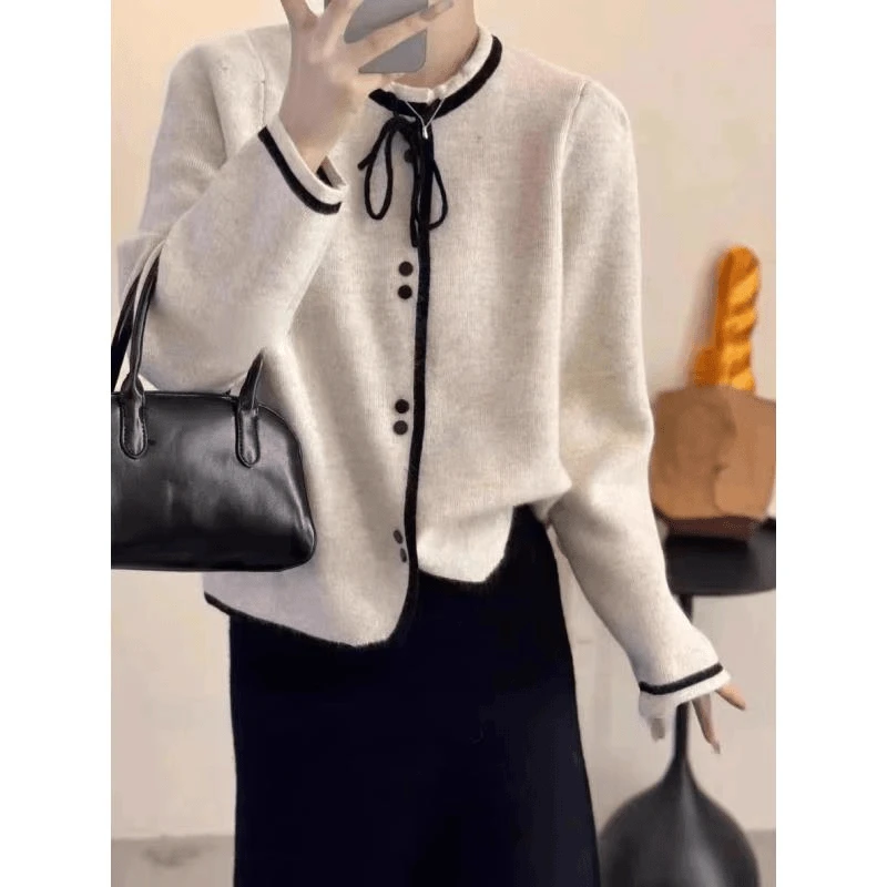 3493设计感单排扣纯色针织毛衣外套开衫慵懒宽松圆领秋冬上衣