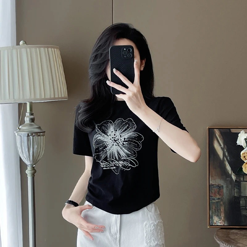 时尚休闲正肩短袖t恤女夏季新款2025超好看圆领印花百搭短款上衣