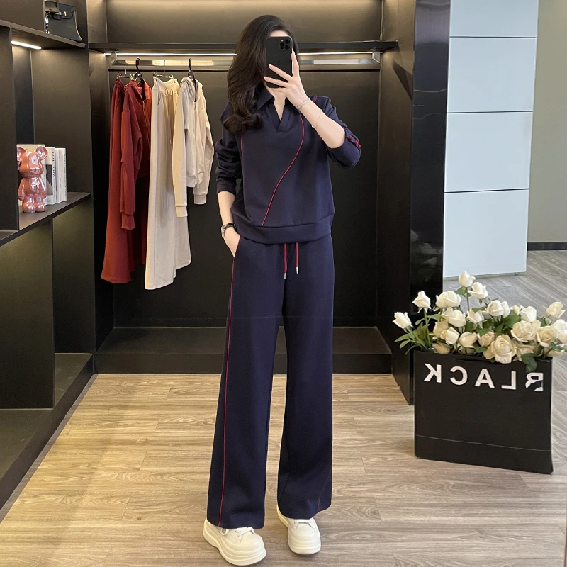 深蓝色长袖上衣阔腿长裤时尚休闲套装女2025新款一整套春季穿搭