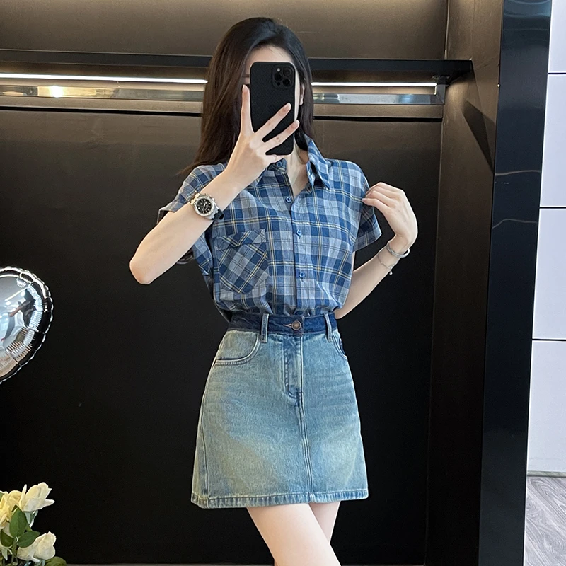 2025春夏季港风格子纹气质短袖衬衫女宽松显瘦上衣套装百搭减龄