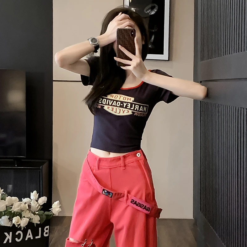 辣妹短款短袖T恤女夏季设计感小众黑色修身美式复古印花正肩上衣
