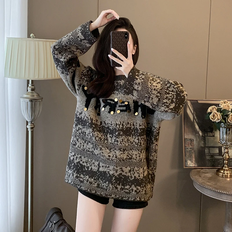 秋冬新款上衣宽松百搭显瘦慵懒风中长款减龄重工长袖针织毛衣