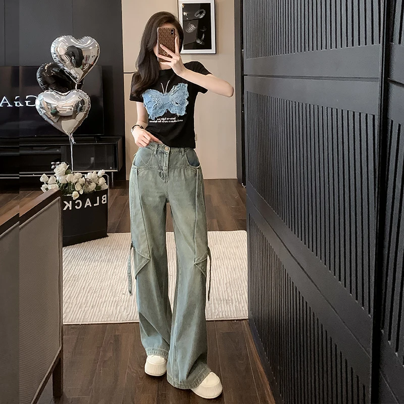 美式复古水洗做旧牛仔裤女新款宽松高腰显瘦直筒阔腿垂感拖地长裤