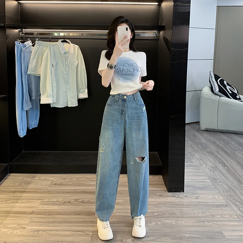 时尚休闲阔腿牛仔裤新款夏季新款简约风白色圆领短款上衣两件套女