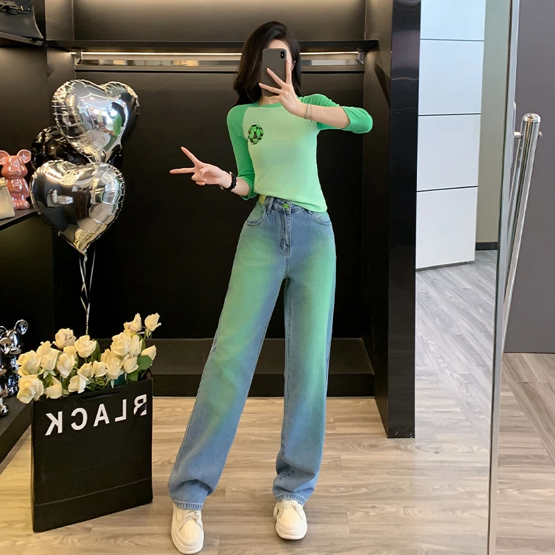 卡通撞色插肩长袖t恤女2025新款春季美式修身设计感小众正肩上衣