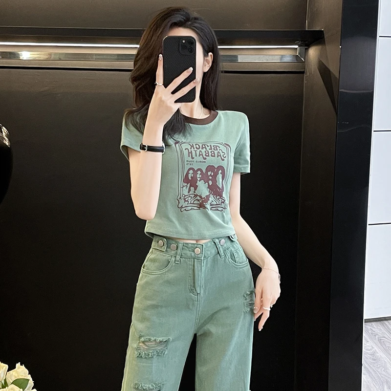 美式复古人物印花短袖T恤女2025夏季新款百搭洋气撞色正肩上衣