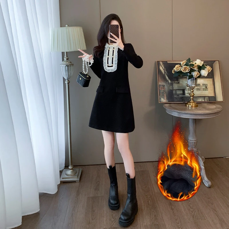 洋气新款时尚气质减龄加绒撞色花边拼接遮肉显瘦连衣裙A版长袖裙