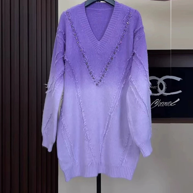 2025年新款欧货秋冬毛衣设计感宽松休闲紫色渐变色V领针织衫毛衣