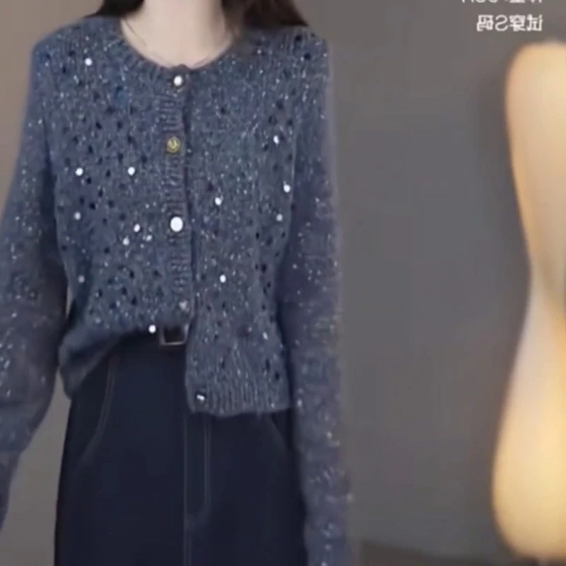 韩版通勤风圆领亮片针织开衫女秋冬款洋气单排扣毛衣时尚时髦上衣