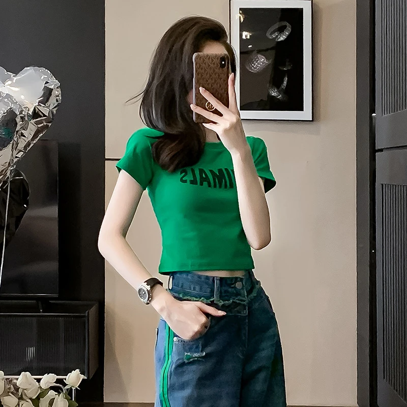 显瘦高腰短款T恤女夏季修身露脐设计感辣妹时尚百搭打底紧身上衣