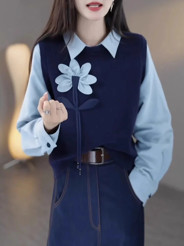 【繁花似锦】2025春季新款立体手工时尚洋气设计感假两件拼接针织衫