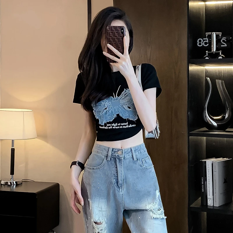 美式复古刺绣蝴蝶正肩短袖t恤女2025夏季修身短款上衣百搭时尚潮