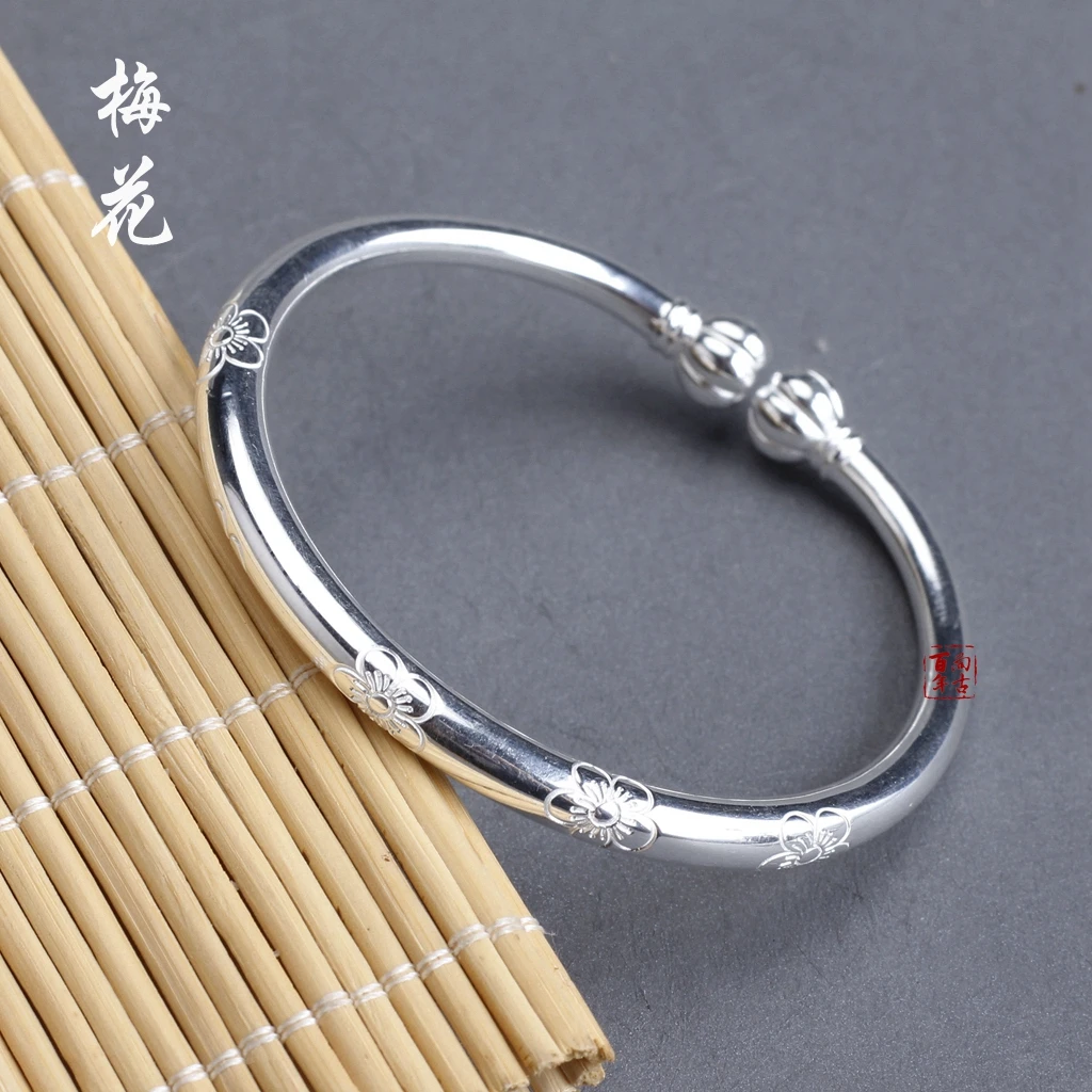 足银手镯 手工民族风女款镯子实心简约经典光面女士百搭雕刻梅花