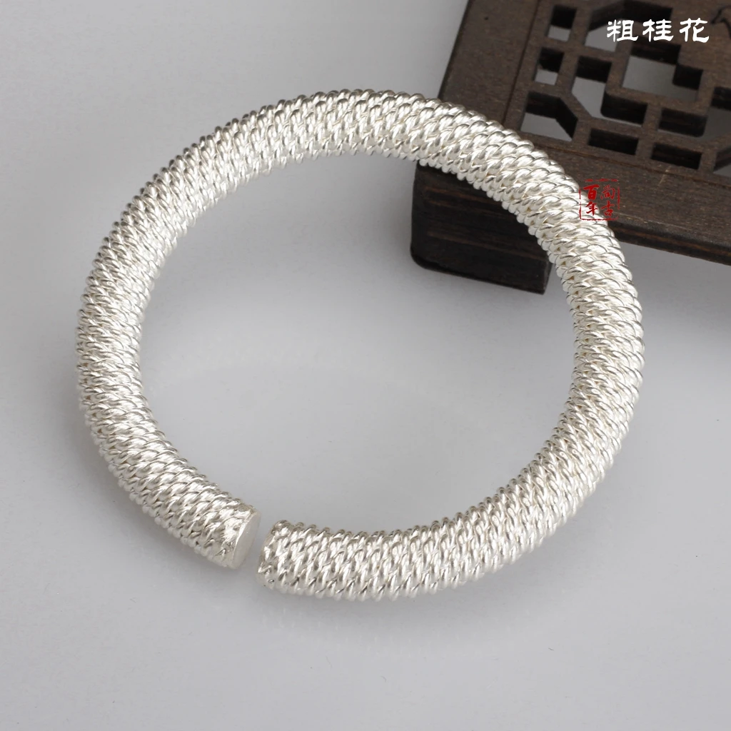 足银手镯 999纯银古法简约编丝手工桂花镯子圆条精致女士高雅女款