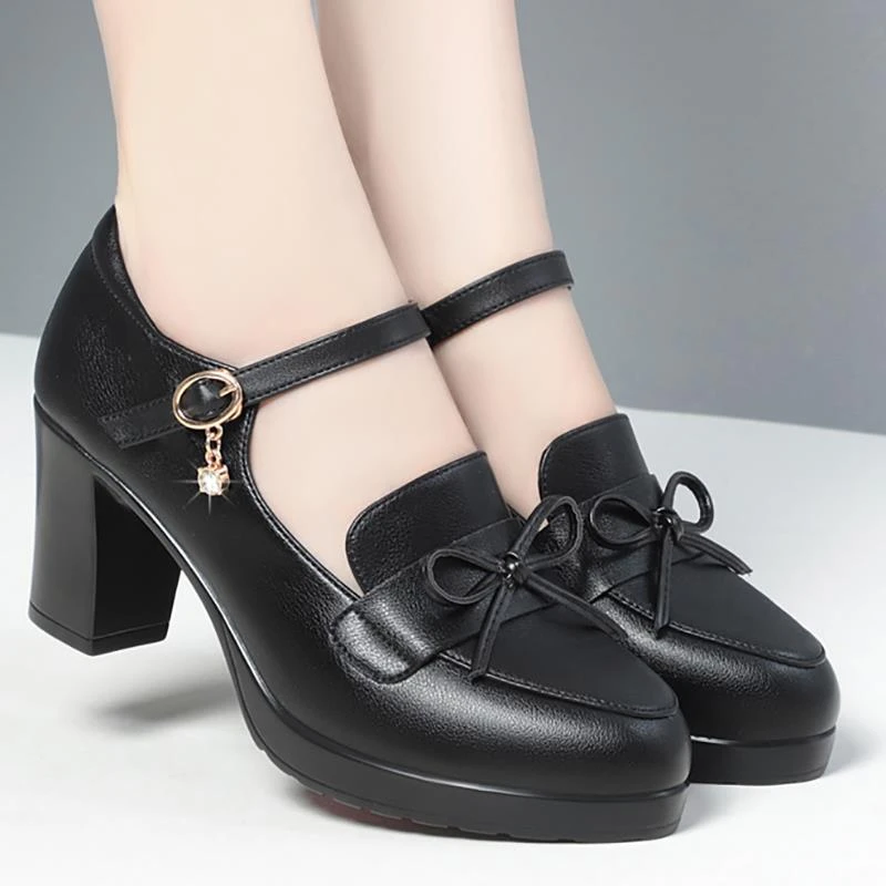 真皮高跟一字扣跳舞配旗袍鞋中老年妈妈皮鞋黑色T台走秀单鞋女鞋