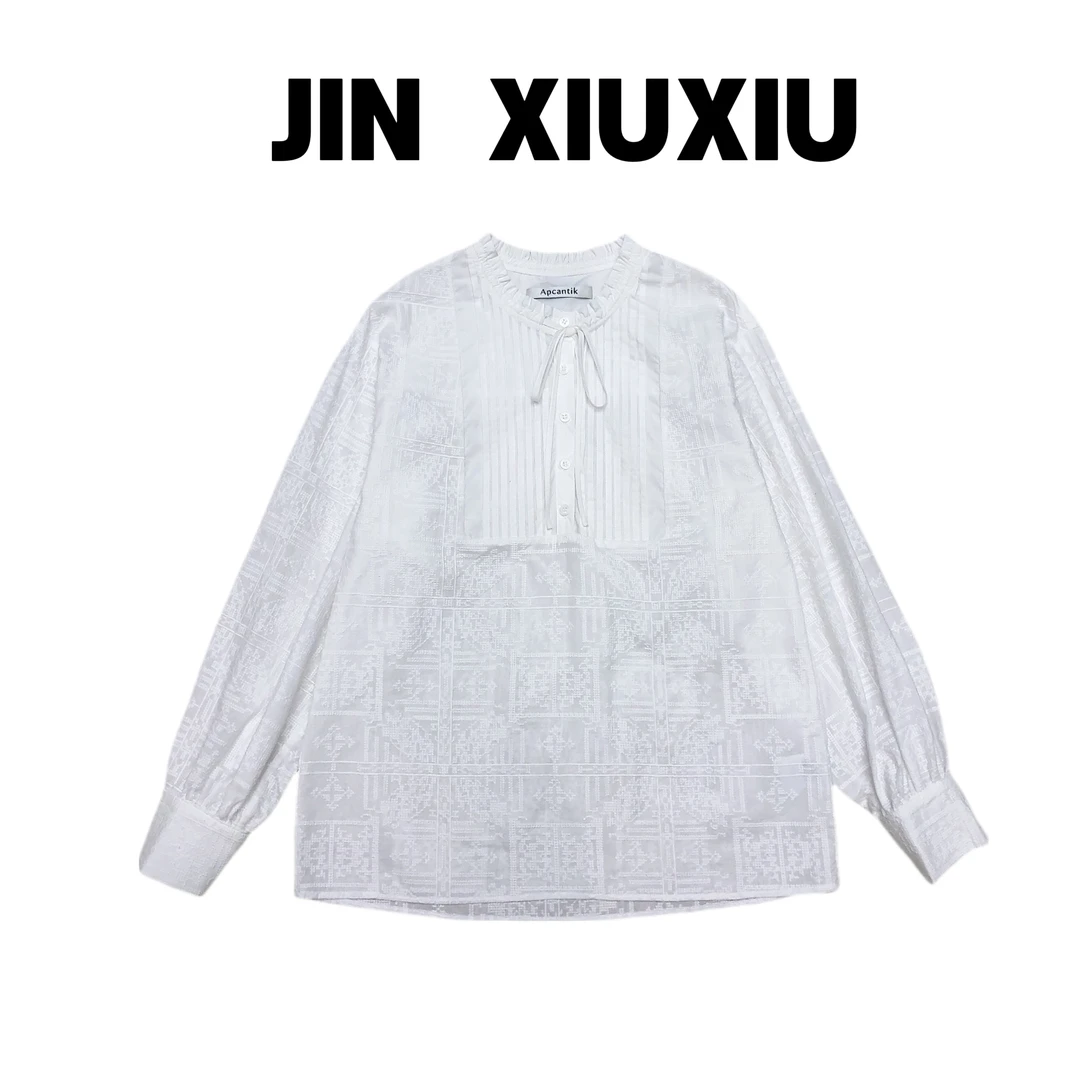 JINXIUXIU  秋季新款气质圆领褶皱刺绣韩系甜美上衣Y616