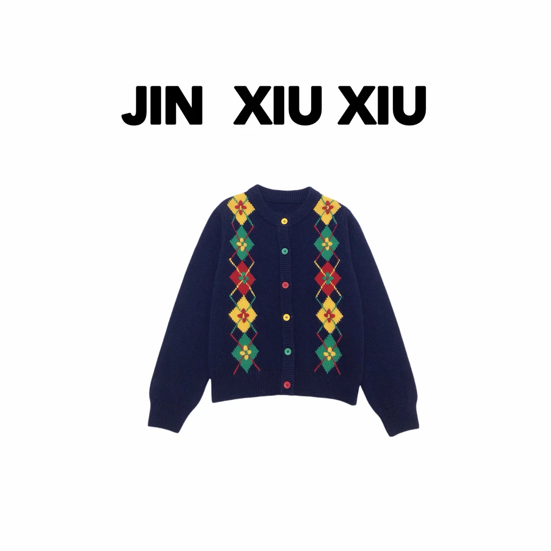 【金秀秀】【深圳出品】317冬款新款彩色菱格刺绣钩花毛衣开衫